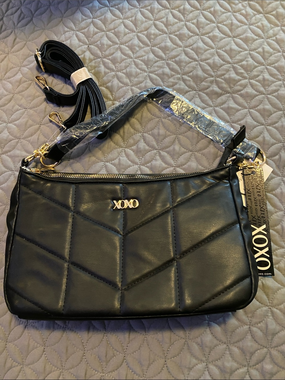 XOXO Black Quilted Chevron Shoulder Bag with Gold Accent